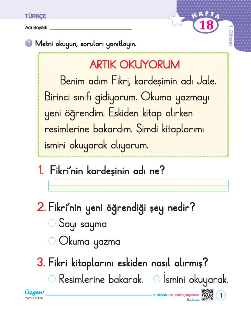 1.Sınıf - Hafta Sonu - 1. Dönem - Ödev ve Çalışma Yaprakları 18 Hafta - Görsel 8